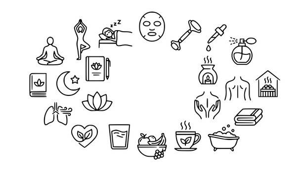 Minimal self care and wellness line icon collection with spa beauty meditation and relaxation symbols
