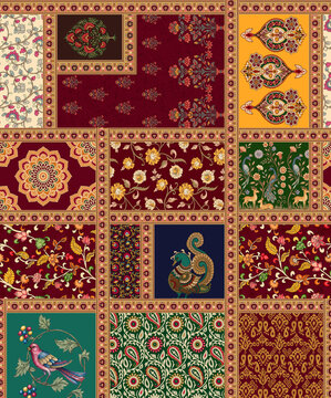 Seamless ethnic patchwork pattern with bordered tiles featuring peacock, deer, and botanical prints in deep maroon, mustard, forest green, and navy.