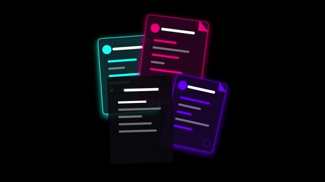 Neon glowing document icons arranged in a stack against a dark background