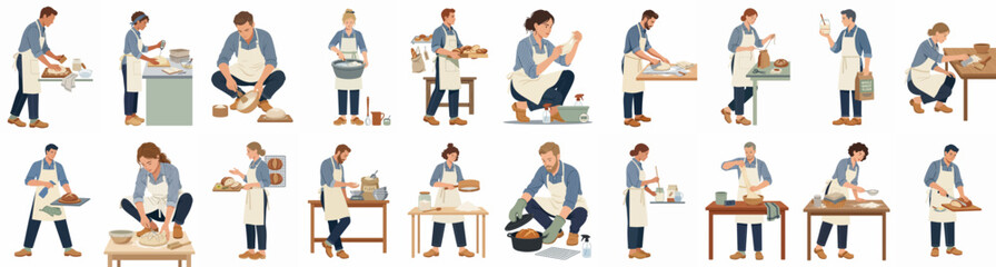Fototapeta premium Set of diverse characters in aprons engaged in various cooking, baking, and food preparation activities, isolated on a white background.