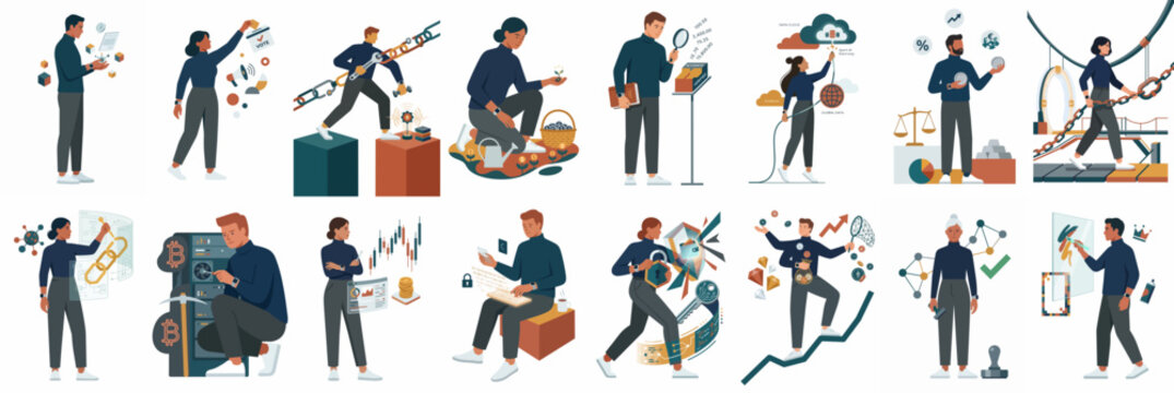 Set of diverse business professional vector illustrations depicting data analysis, supply chain management, cloud computing, and strategic corporate growth concepts.