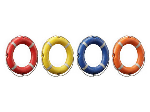 Set of colorful lifebuoy rings in red yellow blue and orange colors isolated on transparent background
