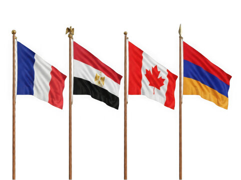 Four national flags of france egypt canada and armenia waving on wooden poles isolated on transparent background
