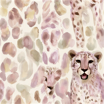 Watercolor painting of two cheetah cubs with soft pastel leopard spots pattern background creating gentle and artistic feel