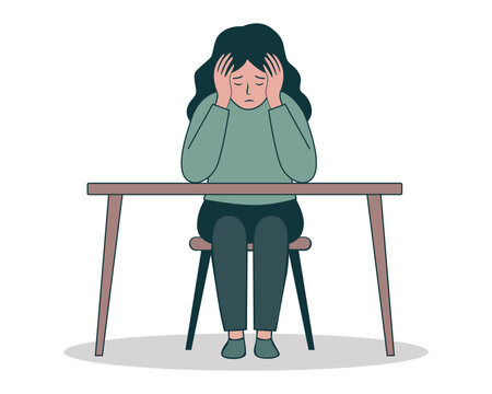 Stressed woman sitting at a desk holding her head, mental health, anxiety and depression concept. Modern vector illustration isolated on transparent background.