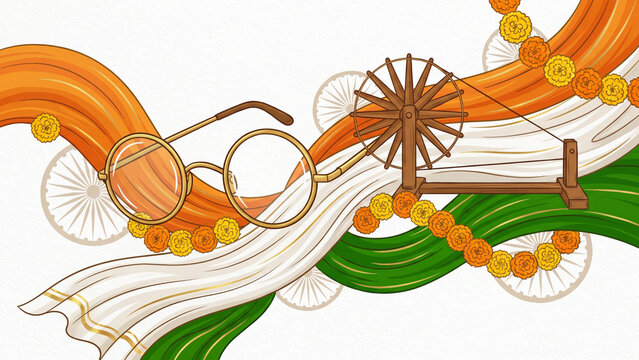 Mahatma gandhi jayanti celebration with charkha and tricolor waves