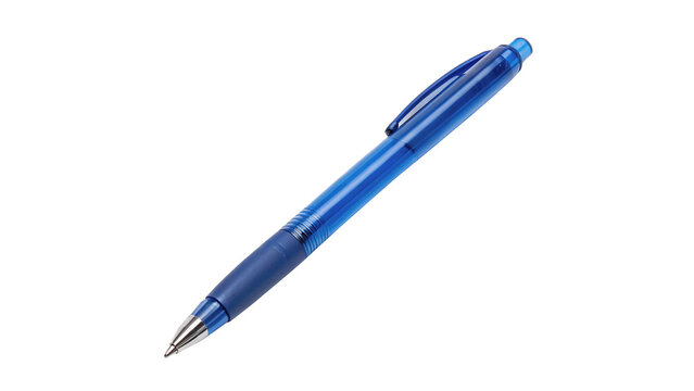 Classic blue plastic ballpoint office pen with cap isolated on transparent background