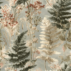 Obraz premium Vintage botanical line art elegant fern leaves and wild grasses create delicate and calming natural pattern with soft muted
