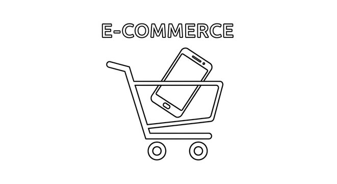 A thin line icon of a mobile phone inside a shopping cart representing e commerce concept