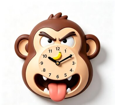 Angry Monkey Character Wall Clock with Banana Hands and Sticking Tongue Out AI Enhanced Graphic Illustration