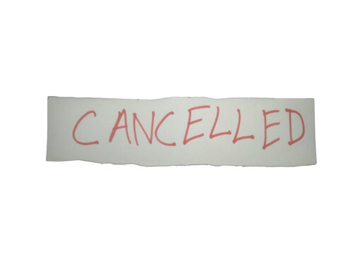 Red handwritten text cancelled on a rectangular paper label isolated on transparent background