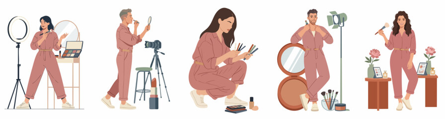 Fototapeta premium Flat Vector Illustrations of Male and Female Beauty Influencers and Makeup Artists Creating Content with Cameras, Ring Lights, and Professional Cosmetics.