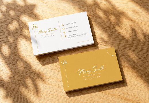 Business Card Mockup on Wooden Desk with Floral Shadows
