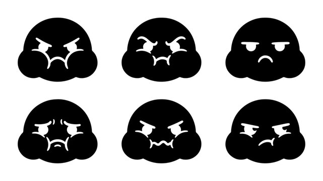 Set of 6 Black Silhouette Emoticon Icons, Expressing Anger and Frustration, Vector Graphics for Digital Communication and User Interface Design