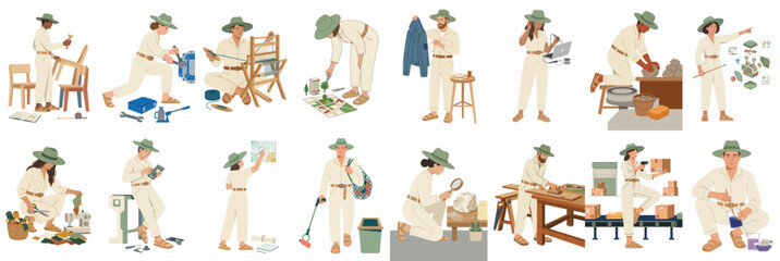 Obraz premium Diverse Collection of Archaeologists and Scientists Conducting Field Work and Lab Research in Flat Illustration Style
