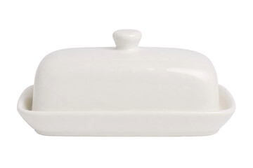 Clean white ceramic butter dish with a lid and small handle, presented on a bright white background...