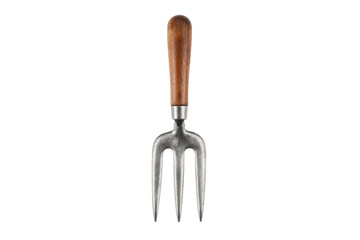 Fototapeta premium Single vintage metal hand fork with a rustic wooden handle is centrally positioned on a clean white background