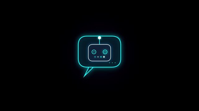 Neon glowing robot icon inside a speech bubble on a black background