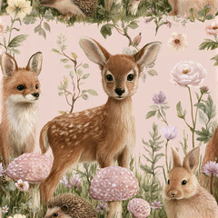 Fototapeta premium Cute forest animals with deer, fox, rabbit, and hedgehog surrounded by flowers and mushrooms in soft pastel colors