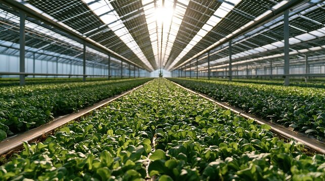 Light‑transmitting photovoltaic agricultural greenhouse,solar panels on roof,green crops growing inside shed,simple ecological agricultural energy‑saving picture