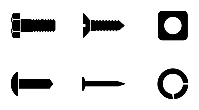 Six black silhouette icons of fasteners: bolt, screw, nut, nail, washer, and round head screw, representing hardware and construction elements for DIY and industrial applications.