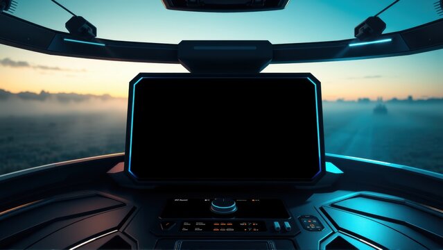 Futuristic cockpit view. Dark interior contrasts bright horizon. Displays dominate central console, suggesting advanced technology. Minimalist design.