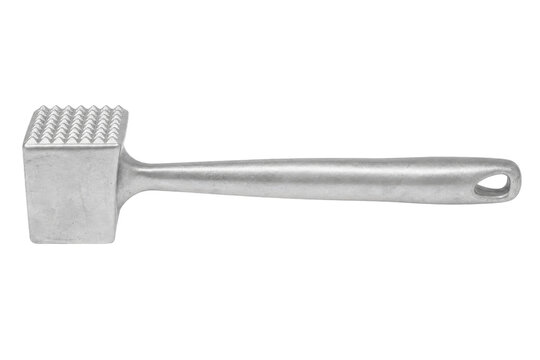 Single shiny metallic meat tenderizer with a textured square head and a smooth handle, isolated on a clean white background