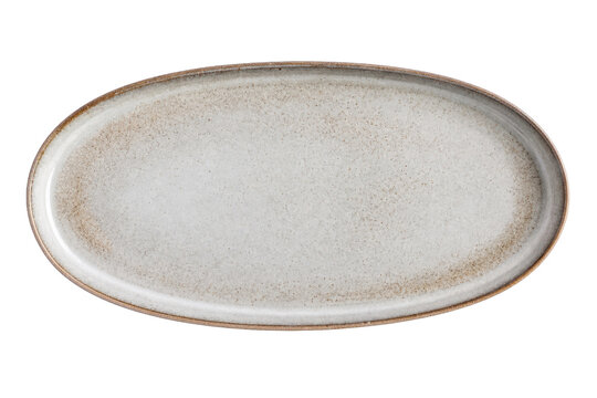 Single oval ceramic serving plate with a rustic speckled glaze and a natural brown rim, isolated on a white background