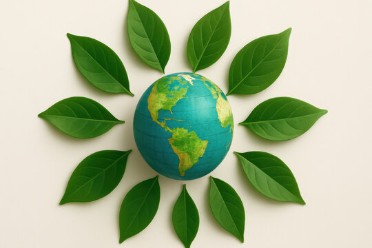 Globe surrounded by green leaves arranged in circular pattern symbolizing sustainability and eco friendly environment concept on clean background