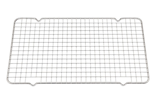 Shiny rectangular stainless steel cooling rack with a grid pattern is presented on a clean white background, viewed from a high angle