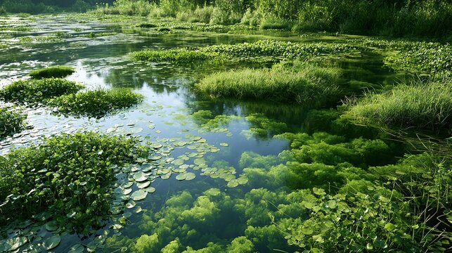 Urban ecological wetland reserve,clear water area,lush aquatic green plants,no extra debris,simple natural environmental empty shot