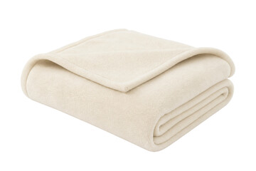 Soft cream-colored fleece blanket, neatly folded and presented with a gentle texture, isolated on a clean white background © Chinases