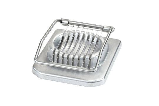 Shiny silver metal egg slicer with thin wires for cutting, viewed from a high angle on a white background