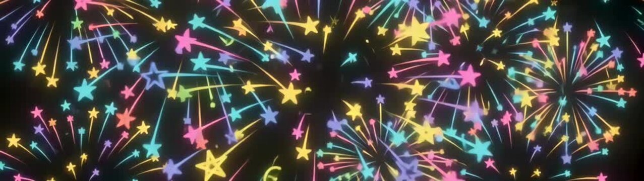 Celebration and festive holiday concept colorful star shaped fireworks exploding in the night sky motion animation for party background.