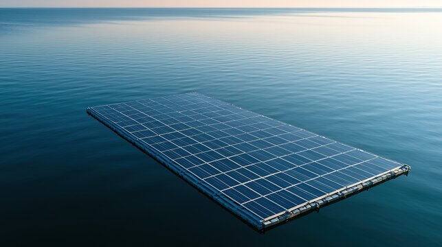 Floating photovoltaic power station on lake, calm water with soft reflection, low‑saturation tone, simple aquatic clean‑energy scene