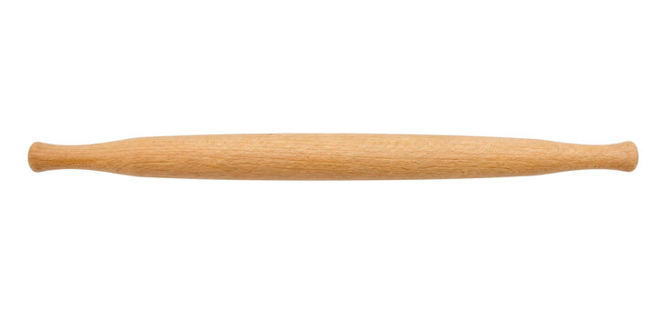 Traditional wooden rolling pin with light natural grain texture is horizontally positioned on a clean white background