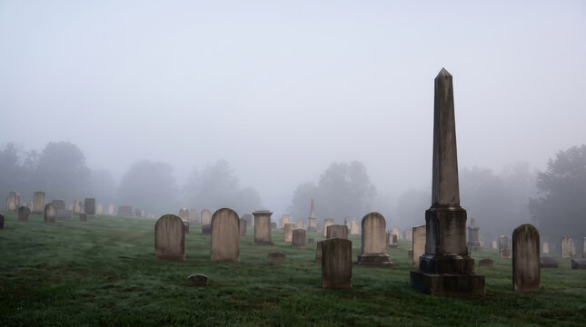 Graveyard misty tombstone background. Dark night cemetery grave gravestone. eerie mysterious magical, dramatic atmosphere death