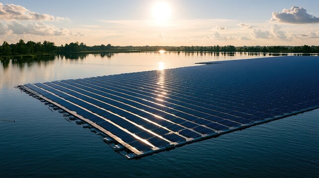 Floating photovoltaic power station on lake, calm water with soft reflection, low‑saturation tone, simple aquatic clean‑energy scene