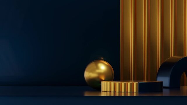 3d video render scene mockup of gold and blue metallic podium seamless loop shadow animation with assorted shape and wall