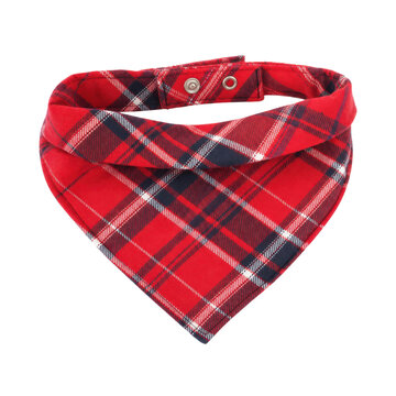 Vibrant red plaid pet bandana with black and white stripes, featuring snap closures, displayed on a clean white background
