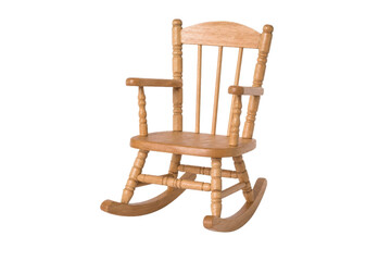 Small wooden rocking chair for children, crafted from light-colored wood, stands empty on a clean white background © Chinases