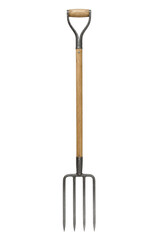 Sturdy, traditional garden fork with a wooden handle and four metal tines stands upright on a clean white background © Chinases