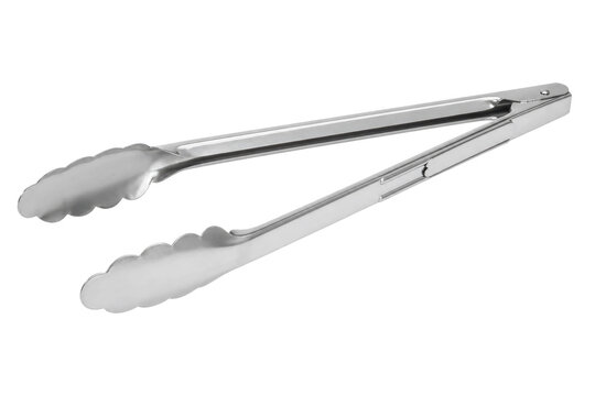 Shiny silver metal kitchen tongs with scalloped edges, angled on a clean white background, ready for cooking or serving