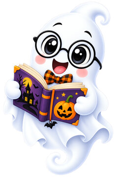 Cute Halloween Ghost Reading Spooky Book with Glasses