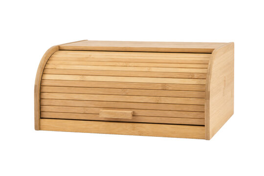 Natural light brown bamboo bread box with a roll-top lid and small handle is isolated on a clean white background