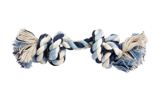 Blue and white braided rope dog toy with knotted ends, photographed against a clean white background
