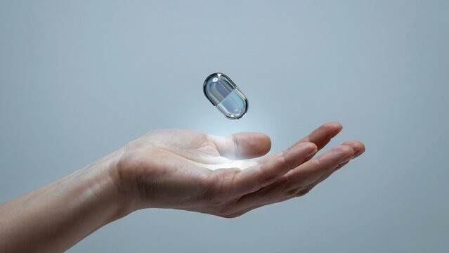 Transparent blue gel capsule floating above an open human hand against a plain gray background