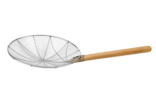 Shiny silver wire mesh skimmer with a natural light brown wooden handle is angled on a white background