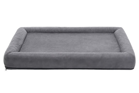 Comfortable rectangular gray pet bed with soft fabric and raised edges, featuring a zipper on the side, isolated on a white background