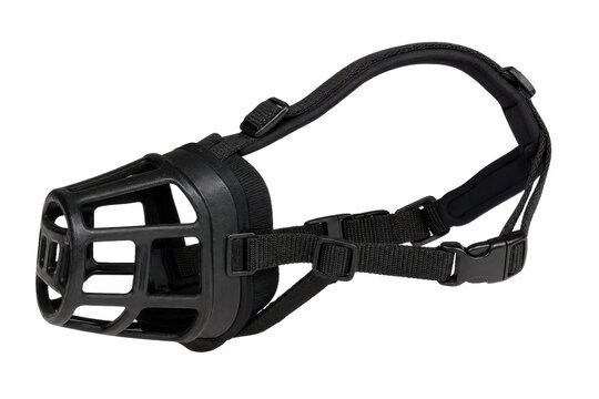 Black plastic dog muzzle with adjustable straps and buckles, designed for pet safety and training, isolated on a white background